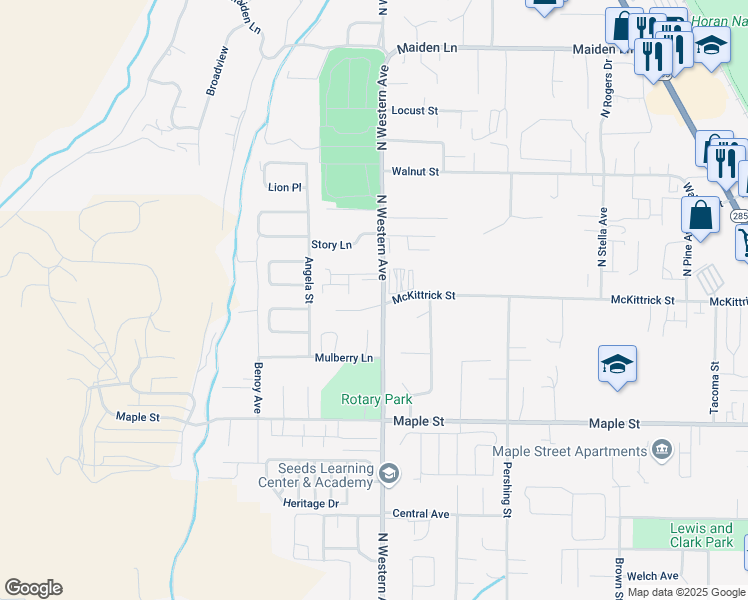 map of restaurants, bars, coffee shops, grocery stores, and more near 1600 North Western Avenue in Wenatchee