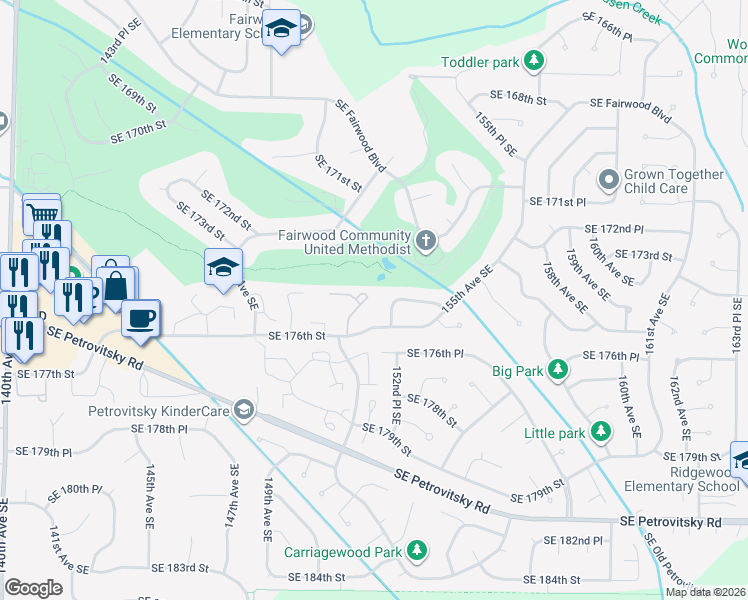 map of restaurants, bars, coffee shops, grocery stores, and more near 17518 151st Avenue Southeast in Renton