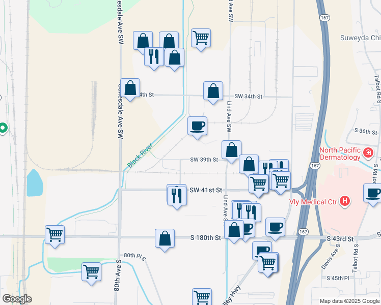 map of restaurants, bars, coffee shops, grocery stores, and more near 700 Southwest 39th Street in Renton