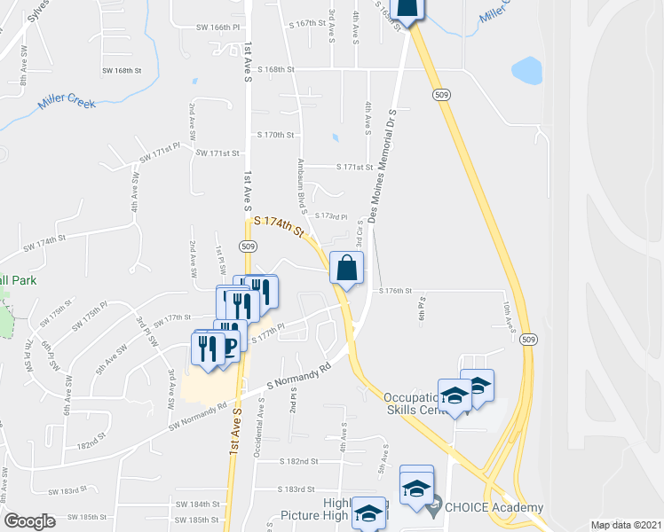 map of restaurants, bars, coffee shops, grocery stores, and more near 17430 Ambaum Boulevard South in Seattle