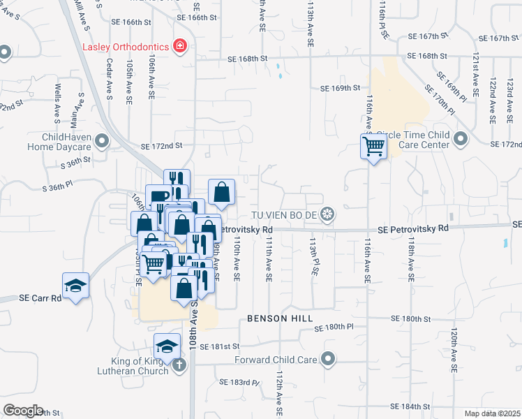 map of restaurants, bars, coffee shops, grocery stores, and more near 17545 110 Lane Southeast in Renton