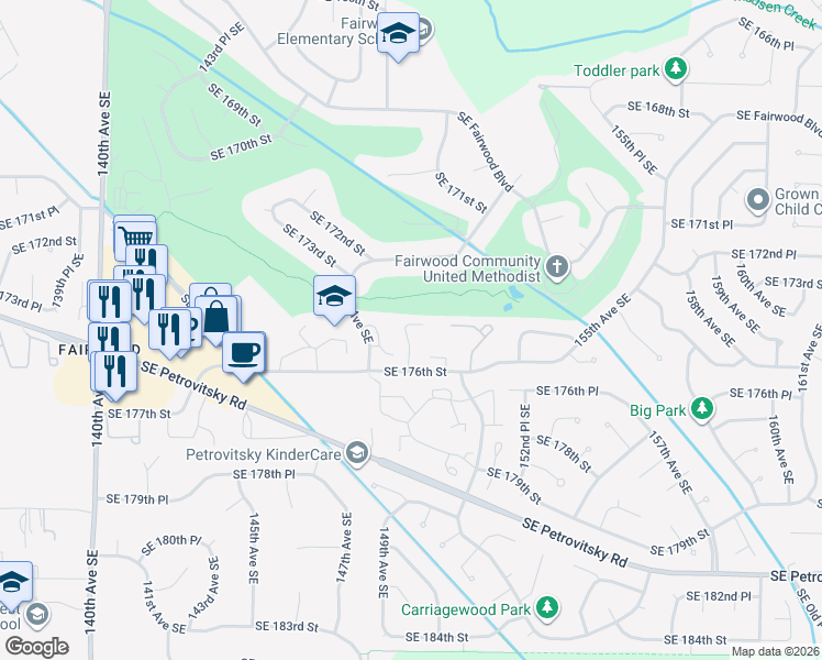 map of restaurants, bars, coffee shops, grocery stores, and more near 17519 149th Avenue Southeast in Renton
