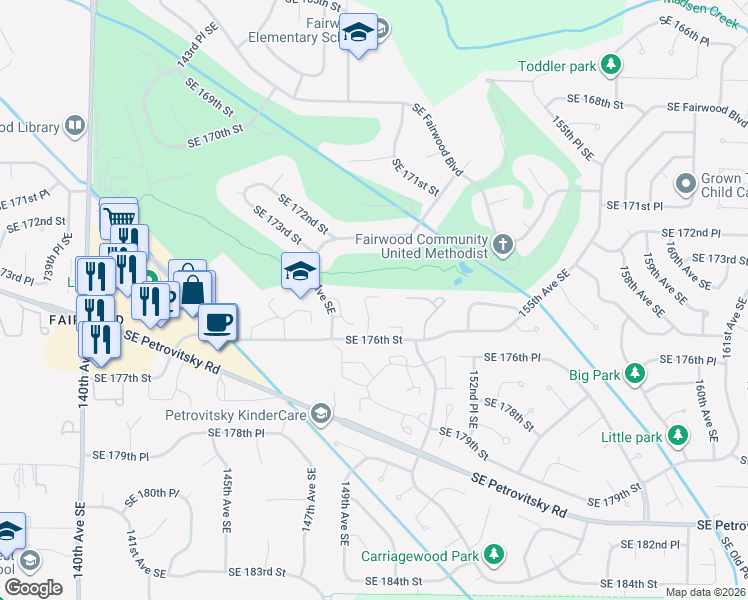 map of restaurants, bars, coffee shops, grocery stores, and more near 17519 149th Avenue Southeast in Renton
