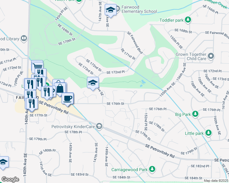 map of restaurants, bars, coffee shops, grocery stores, and more near 17519 149th Avenue Southeast in Renton
