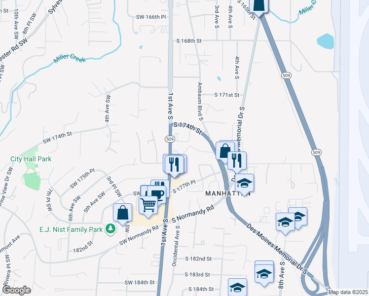 map of restaurants, bars, coffee shops, grocery stores, and more near 121 South 174th Street in Burien