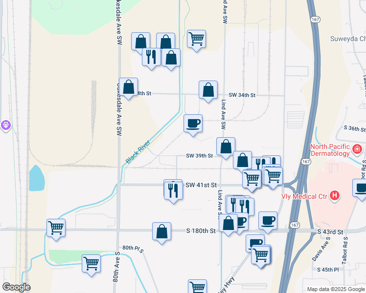 map of restaurants, bars, coffee shops, grocery stores, and more near 700 Southwest 39th Street in Renton