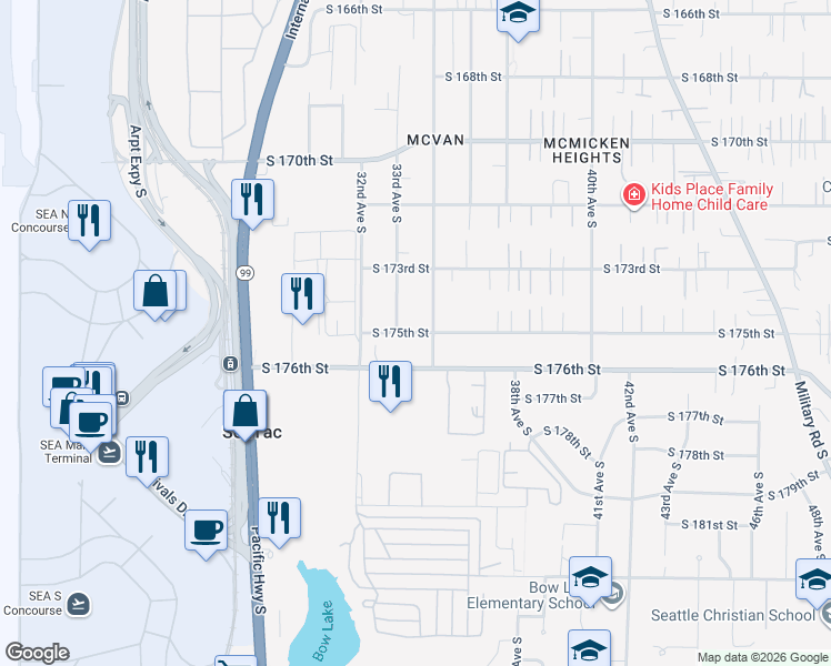 map of restaurants, bars, coffee shops, grocery stores, and more near 17344 33rd Avenue South in SeaTac