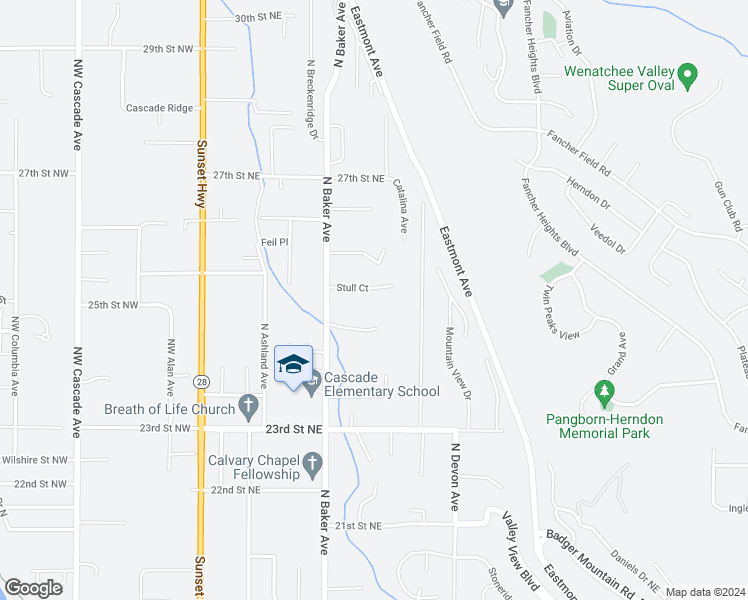 map of restaurants, bars, coffee shops, grocery stores, and more near 214 Stull Court in East Wenatchee