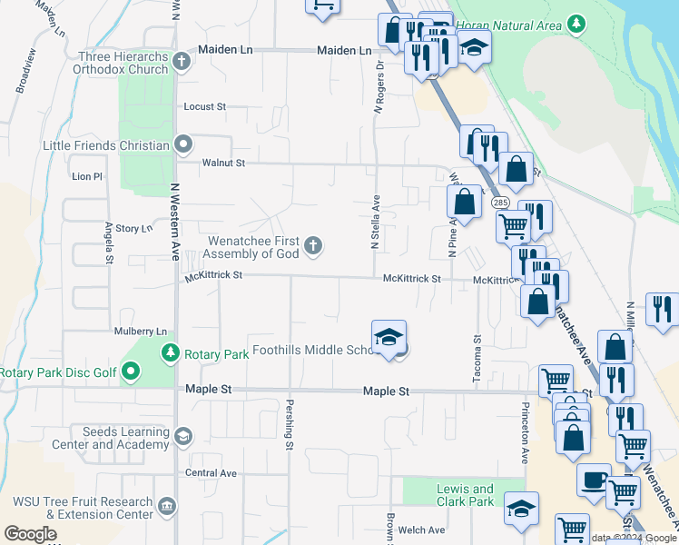 map of restaurants, bars, coffee shops, grocery stores, and more near 1432 McKittrick Street in Wenatchee