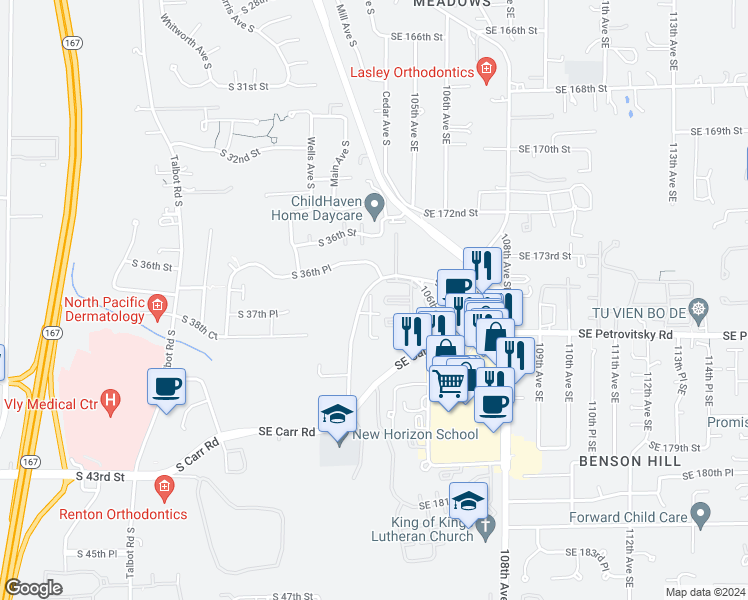 map of restaurants, bars, coffee shops, grocery stores, and more near 17440 103rd Avenue Southeast in Renton