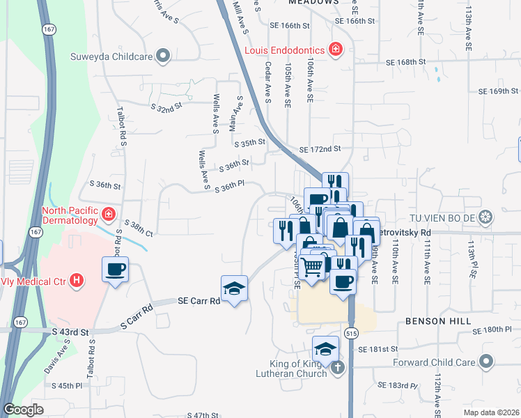 map of restaurants, bars, coffee shops, grocery stores, and more near 17440 103rd Avenue Southeast in Renton
