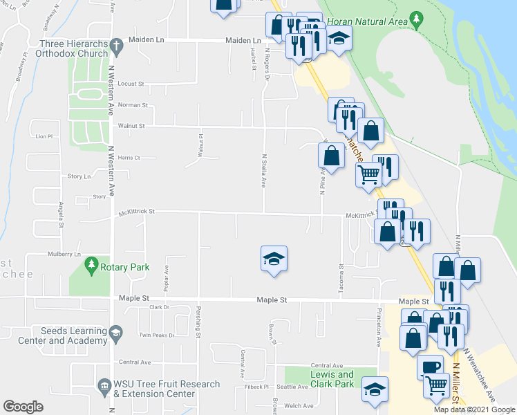 map of restaurants, bars, coffee shops, grocery stores, and more near 1622 North Stella Avenue in Wenatchee