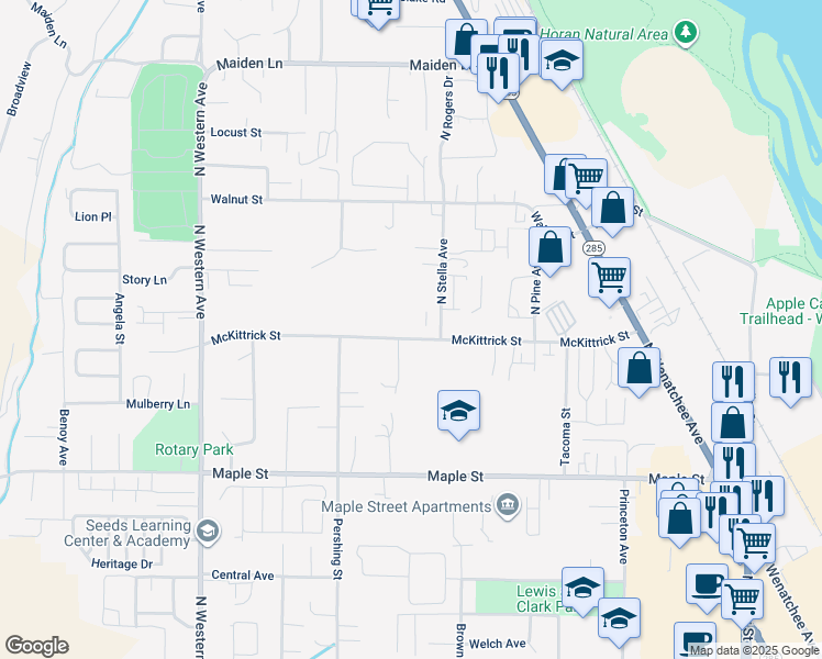 map of restaurants, bars, coffee shops, grocery stores, and more near 1622 North Stella Avenue in Wenatchee
