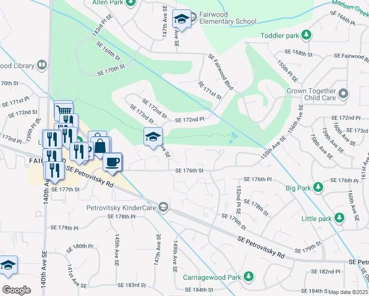 map of restaurants, bars, coffee shops, grocery stores, and more near 17519 149th Avenue Southeast in Renton