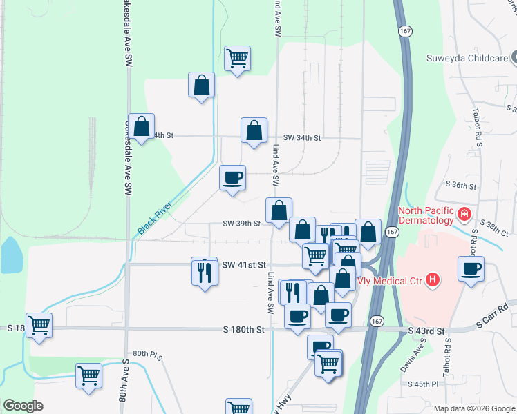 map of restaurants, bars, coffee shops, grocery stores, and more near 500 Southwest 39th Street in Renton