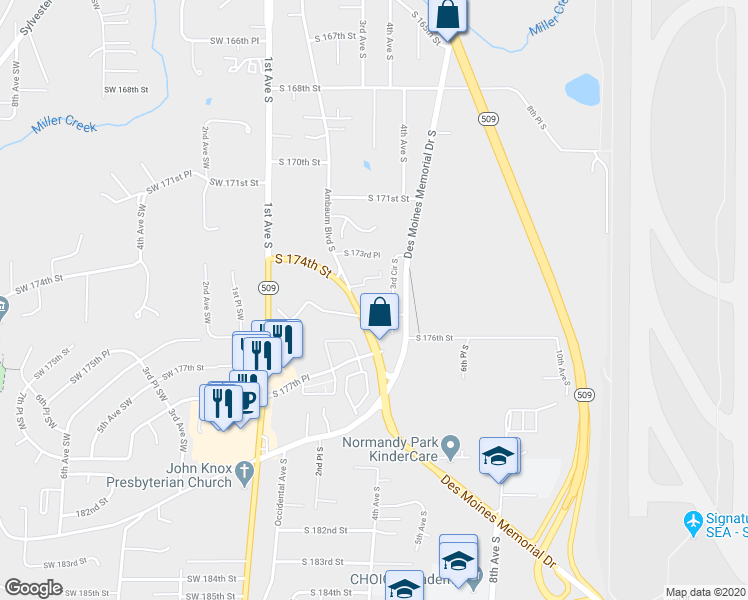 map of restaurants, bars, coffee shops, grocery stores, and more near 17430 Ambaum Boulevard South in Seattle