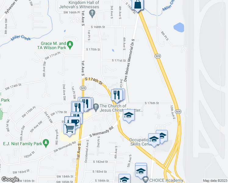 map of restaurants, bars, coffee shops, grocery stores, and more near 17430 Ambaum Boulevard South in Seattle