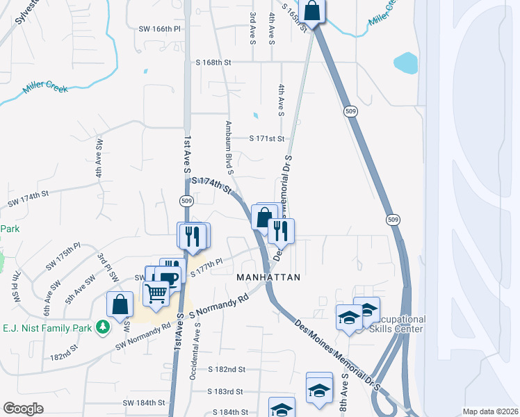 map of restaurants, bars, coffee shops, grocery stores, and more near 17430 Ambaum Boulevard South in Seattle