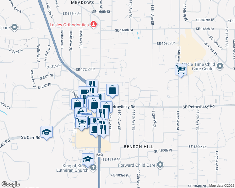 map of restaurants, bars, coffee shops, grocery stores, and more near 11002 Southeast Petrovitsky Road in Renton