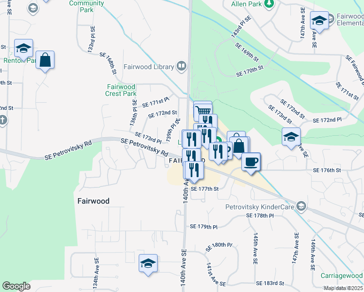 map of restaurants, bars, coffee shops, grocery stores, and more near 17250 140th Avenue Southeast in Renton