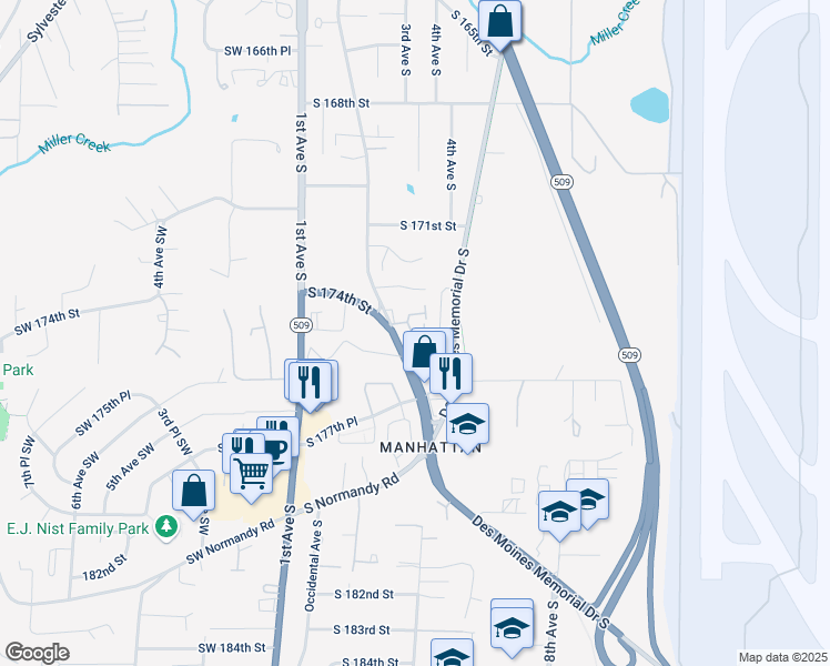 map of restaurants, bars, coffee shops, grocery stores, and more near 17430 Ambaum Boulevard South in Seattle