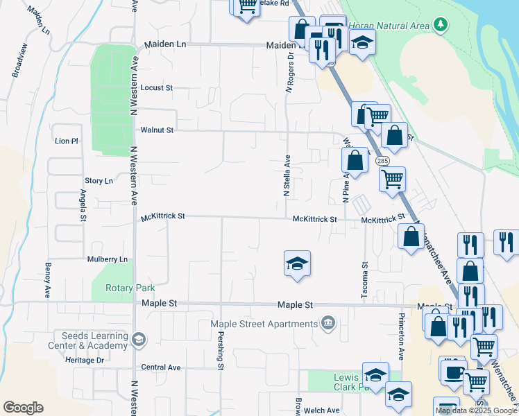 map of restaurants, bars, coffee shops, grocery stores, and more near 1432 McKittrick Street in Wenatchee