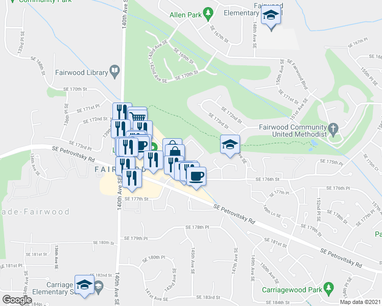 map of restaurants, bars, coffee shops, grocery stores, and more near 14300 Southeast 171st Way in Renton