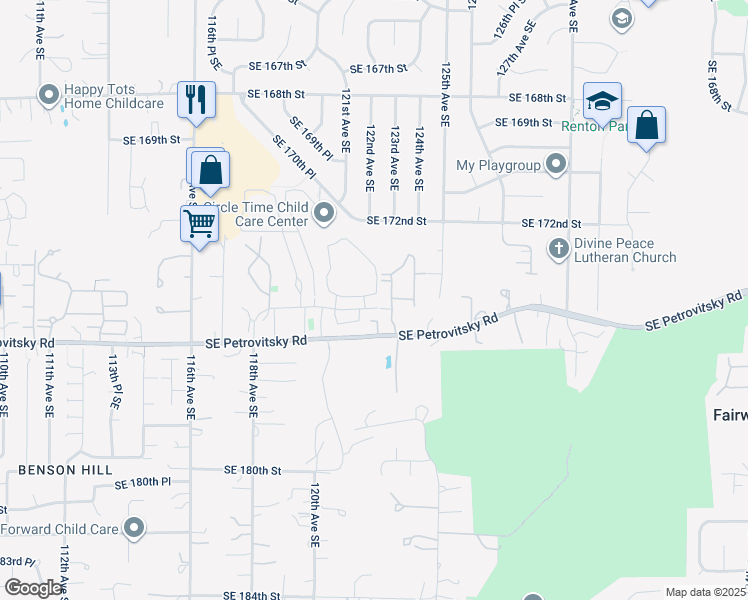 map of restaurants, bars, coffee shops, grocery stores, and more near 12125 Southeast 174th Lane in Renton