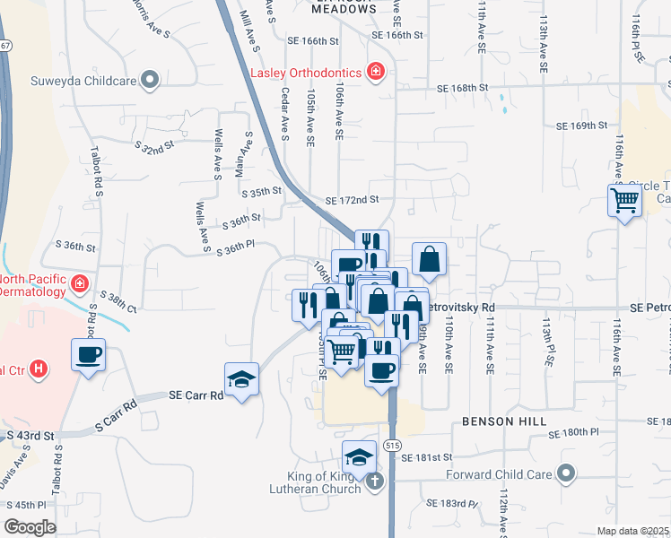 map of restaurants, bars, coffee shops, grocery stores, and more near 17420 106th Place Southeast in Renton