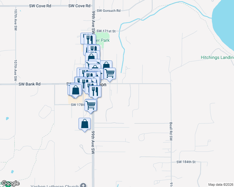 map of restaurants, bars, coffee shops, grocery stores, and more near 17699 96th Place Southwest in Vashon