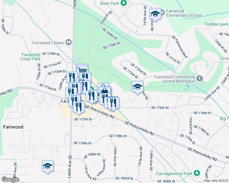 map of restaurants, bars, coffee shops, grocery stores, and more near 14300 Southeast 171st Way in Renton
