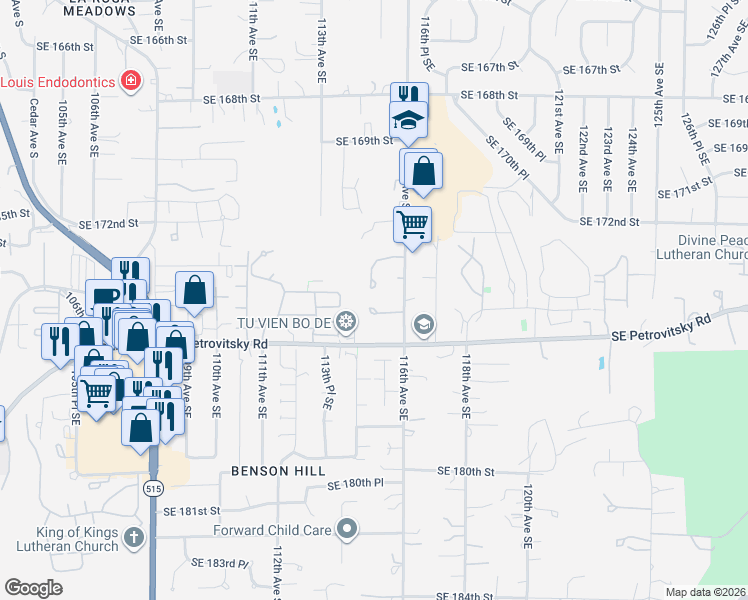 map of restaurants, bars, coffee shops, grocery stores, and more near 11503 Southeast 173rd Street in Renton