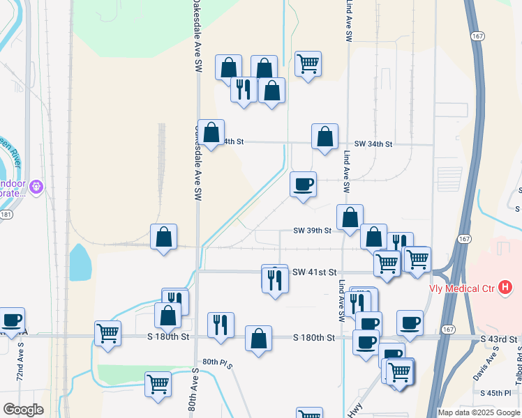 map of restaurants, bars, coffee shops, grocery stores, and more near Springbrook Trail in Renton