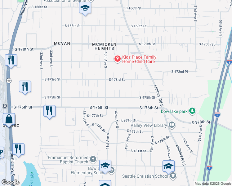 map of restaurants, bars, coffee shops, grocery stores, and more near 4034 South 175th Street in SeaTac
