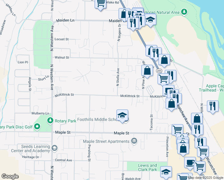 map of restaurants, bars, coffee shops, grocery stores, and more near 1622 North Stella Avenue in Wenatchee