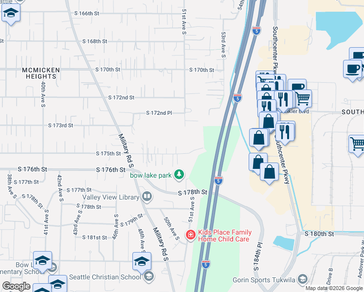 map of restaurants, bars, coffee shops, grocery stores, and more near 4854 South 175th Street in SeaTac