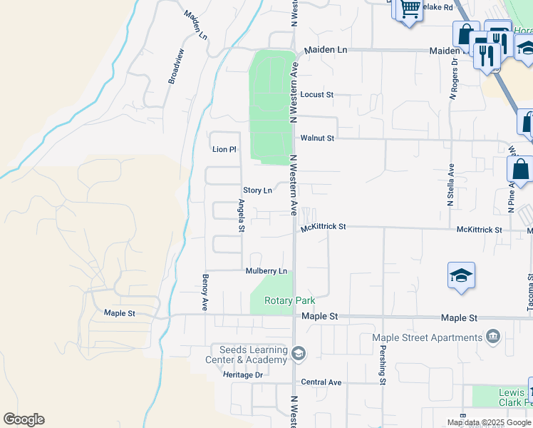 map of restaurants, bars, coffee shops, grocery stores, and more near 1608 North Western Avenue in Wenatchee