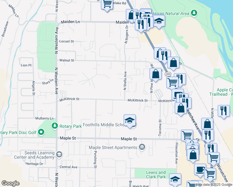 map of restaurants, bars, coffee shops, grocery stores, and more near 1684 North Stella Avenue in Wenatchee