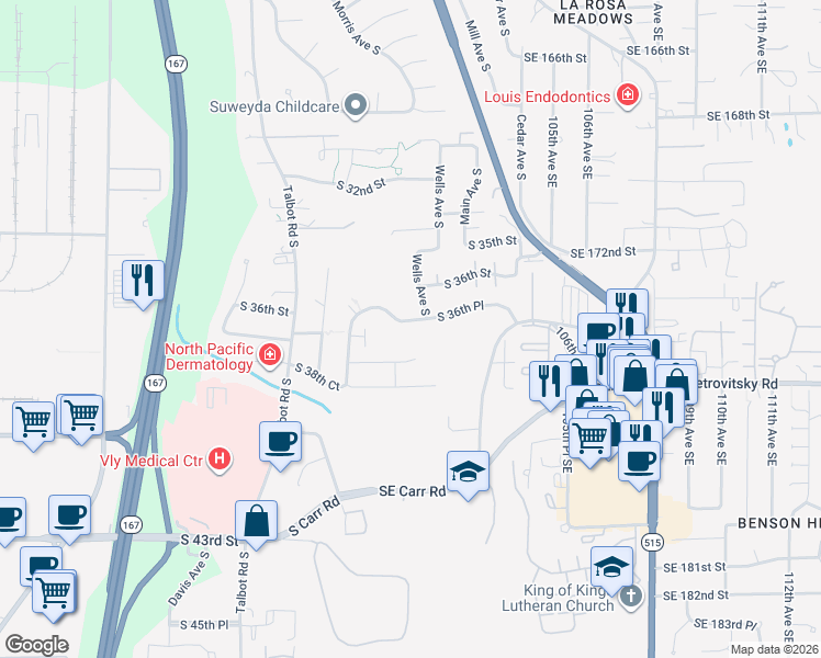 map of restaurants, bars, coffee shops, grocery stores, and more near 907 South 36th Place in Renton