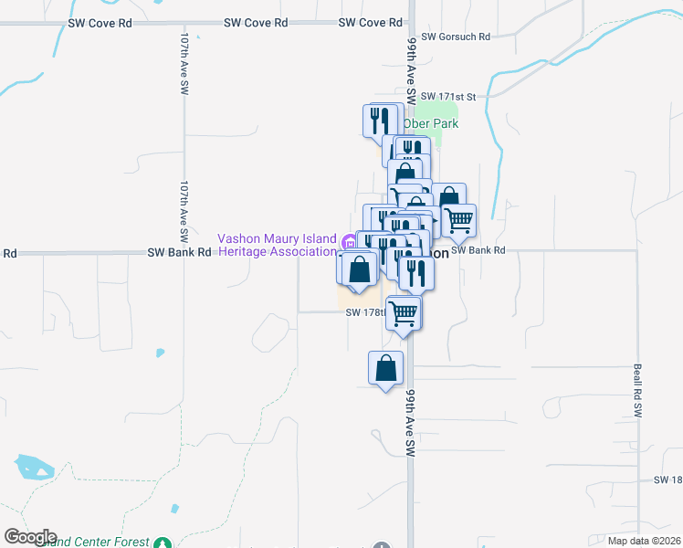 map of restaurants, bars, coffee shops, grocery stores, and more near 10109 Southwest Bank Road in Vashon