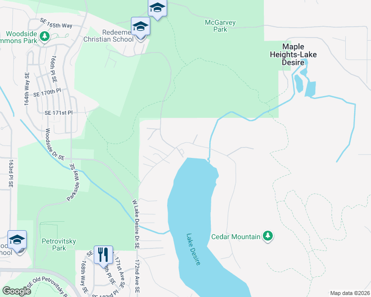map of restaurants, bars, coffee shops, grocery stores, and more near 17338 West Lake Desire Drive Southeast in Renton