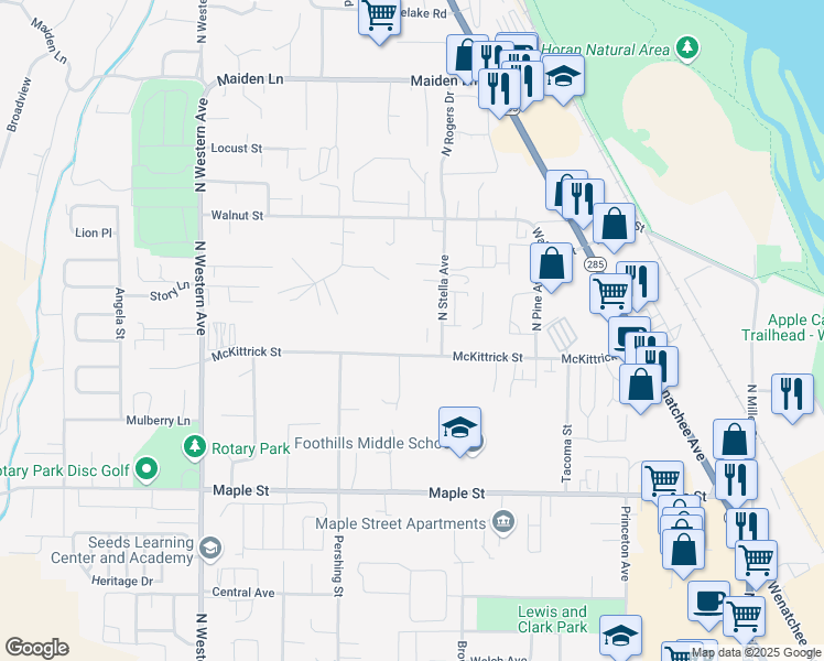 map of restaurants, bars, coffee shops, grocery stores, and more near 1622 North Stella Avenue in Wenatchee