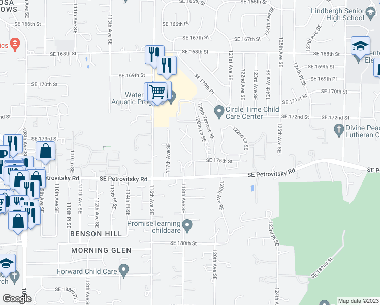 map of restaurants, bars, coffee shops, grocery stores, and more near 11912 Southeast 175th Street in Renton