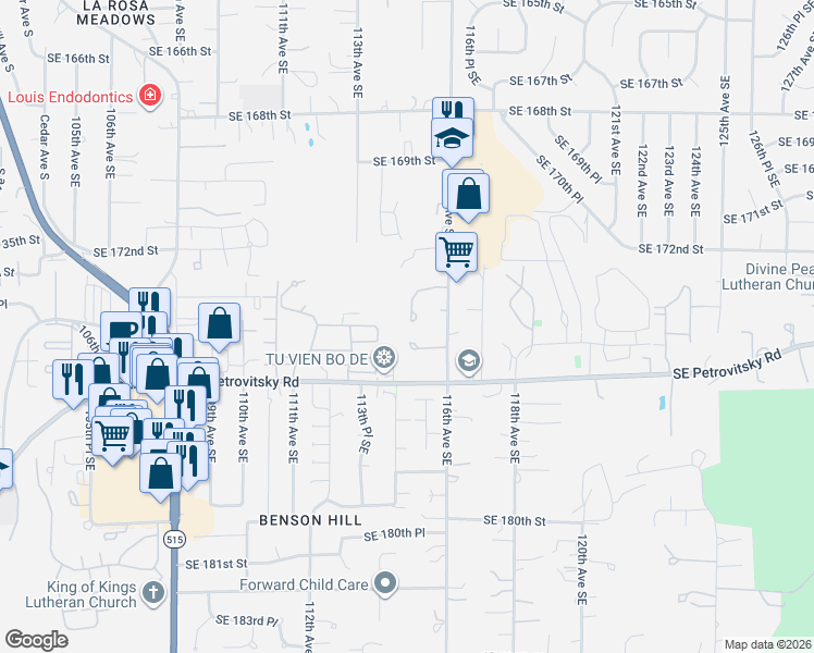 map of restaurants, bars, coffee shops, grocery stores, and more near 11514 Southeast 173rd Street in Renton