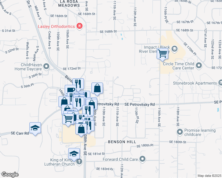 map of restaurants, bars, coffee shops, grocery stores, and more near 17545 110 Lane Southeast in Renton