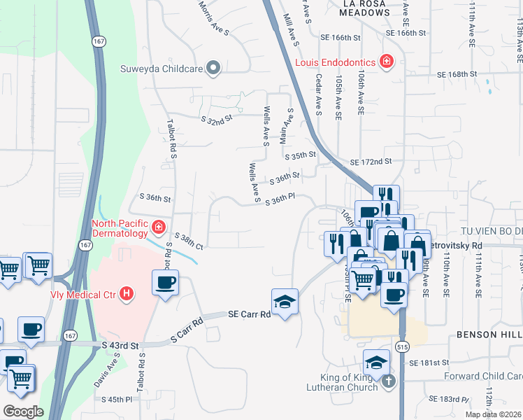 map of restaurants, bars, coffee shops, grocery stores, and more near 1021 South 36th Place in Renton