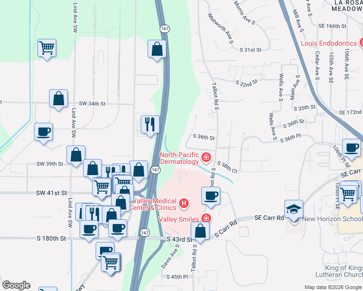 map of restaurants, bars, coffee shops, grocery stores, and more near 3621 Shattuck Avenue South in Renton