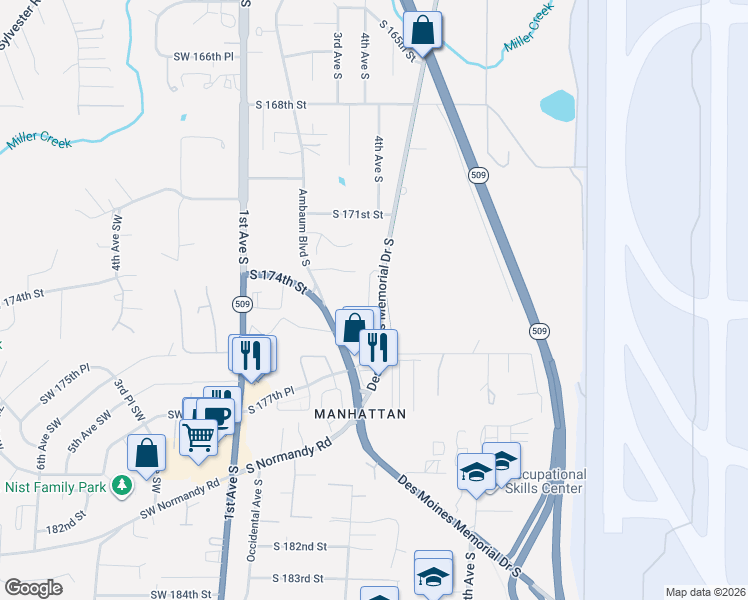 map of restaurants, bars, coffee shops, grocery stores, and more near 17414 3rd Circle South in Burien
