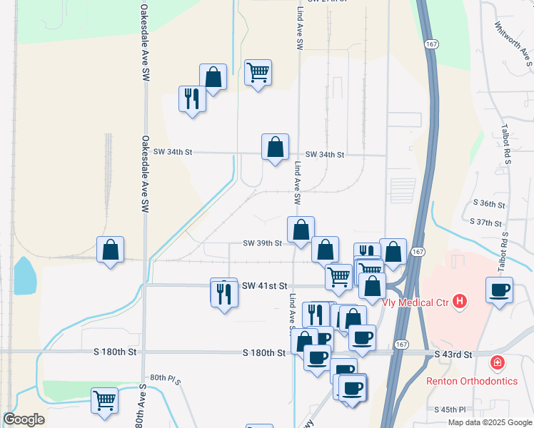 map of restaurants, bars, coffee shops, grocery stores, and more near 600 Southwest 39th Street in Renton
