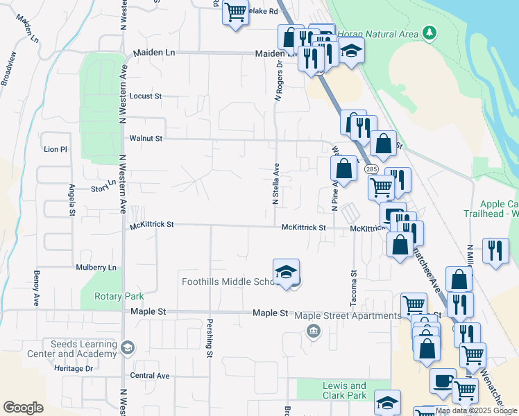 map of restaurants, bars, coffee shops, grocery stores, and more near 1684 North Stella Avenue in Wenatchee